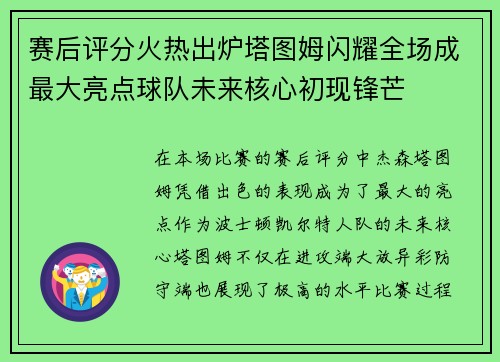 赛后评分火热出炉塔图姆闪耀全场成最大亮点球队未来核心初现锋芒